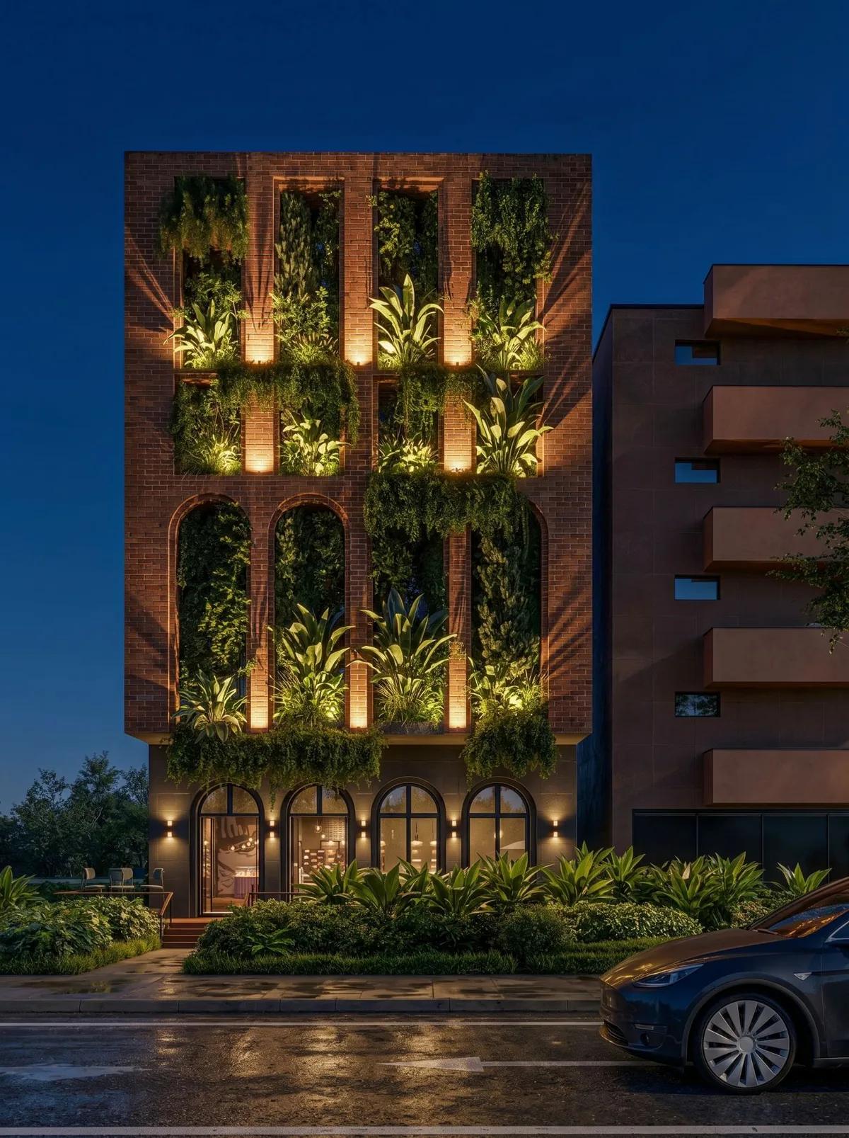 Fachada de edificio con jardines verticales, de día